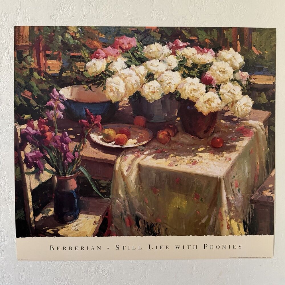 Ovanes Galust Berberian Still Life With Peonies Print Poster Offset Litho 30x27”